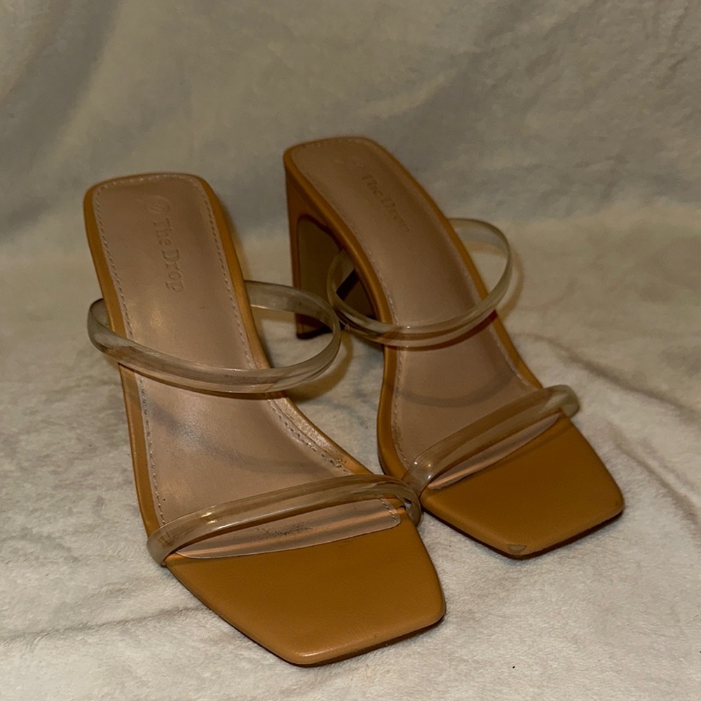 Tan Heeled Sandals with Clear Straps